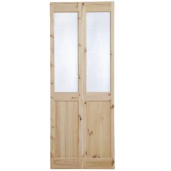 4 Panel 2 Lite Frosted Glazed Knotty Pine Internal Bi-fold Door Set, (H)1946mm (W)675mm