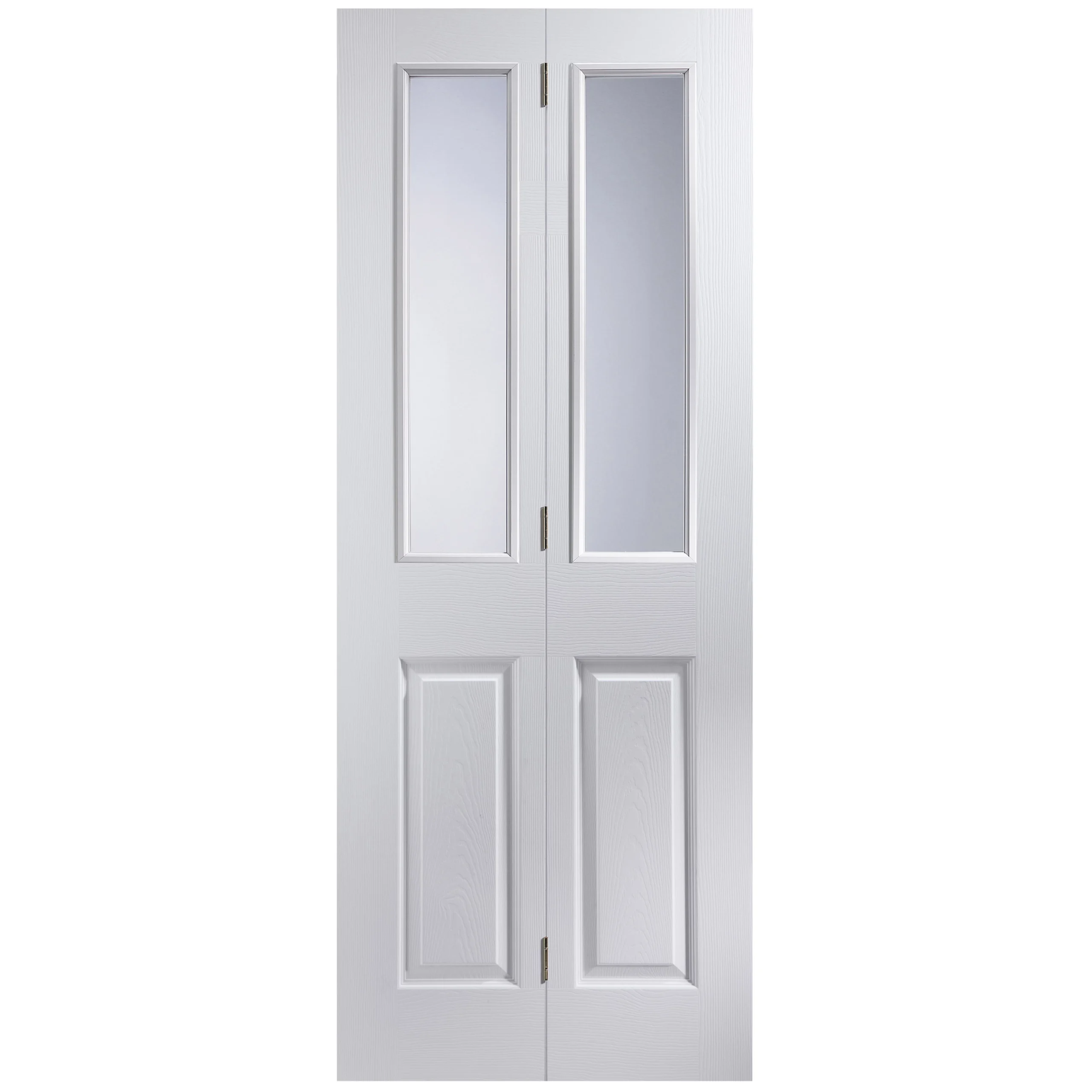 4 Panel 2 Lite Glazed Primed White Woodgrain Effect Internal Bi-fold Door Set, (H)1950mm (W)750mm 3 4 Panel 2 Lite Glazed Primed White Woodgrain Effect Internal Bi-fold Door Set, (H)1950mm (W)750mm