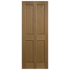 4 Panel Unglazed Veneered White Oak Effect Timber Oak Veneer LH & RH Internal Bi-fold Door Set, (H)1945mm (W)753mm