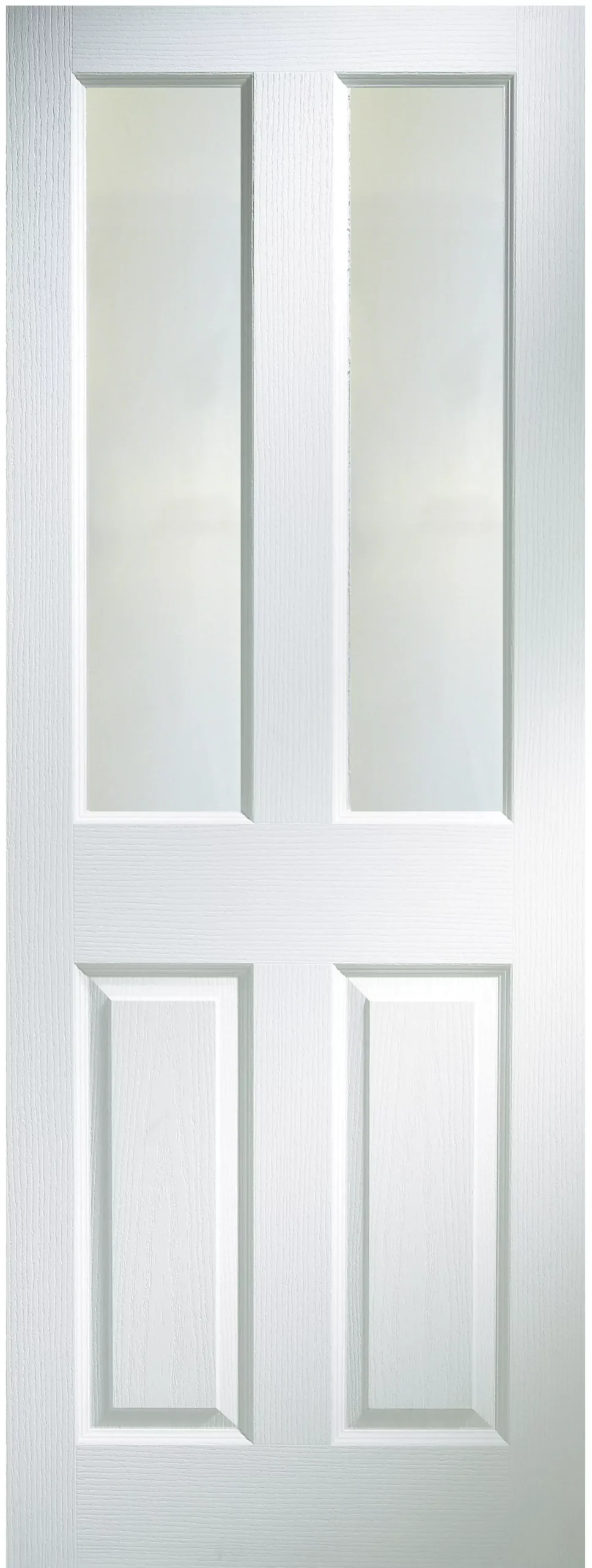 B&Q 4 Panel Frosted Glazed White Woodgrain Effect Internal Door, (H)1981mm (W)762mm (T)35mm 3 B&Q 4 Panel Frosted Glazed White Woodgrain Effect Internal Door, (H)1981mm (W)762mm (T)35mm