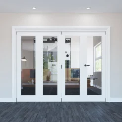 Geom 1 Lite Clear Glazed Pre-painted White Softwood Internal Bi-fold Door Set, (H)2060mm (W)2517mm -WoodDepot Shop geom 1 lite clear glazed pre painted white softwood internal bi fold door set h 2060mm w 2517mm5059340237787 02i