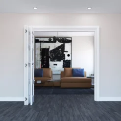 Geom 4 Lite Clear Glazed Pre-painted White Softwood Internal Bi-fold Door Set, (H)2060mm (W)2132mm -WoodDepot Shop geom 4 lite clear glazed pre painted white softwood internal bi fold door set h 2060mm w 2132mm5059340237770 01i