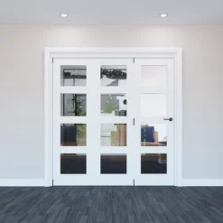 Geom 4 Lite Clear Glazed Pre-painted White Softwood Internal Bi-fold Door Set, (H)2060mm (W)2132mm -WoodDepot Shop geom 4 lite clear glazed pre painted white softwood internal bi fold door set h 2060mm w 2132mm5059340237770 02i