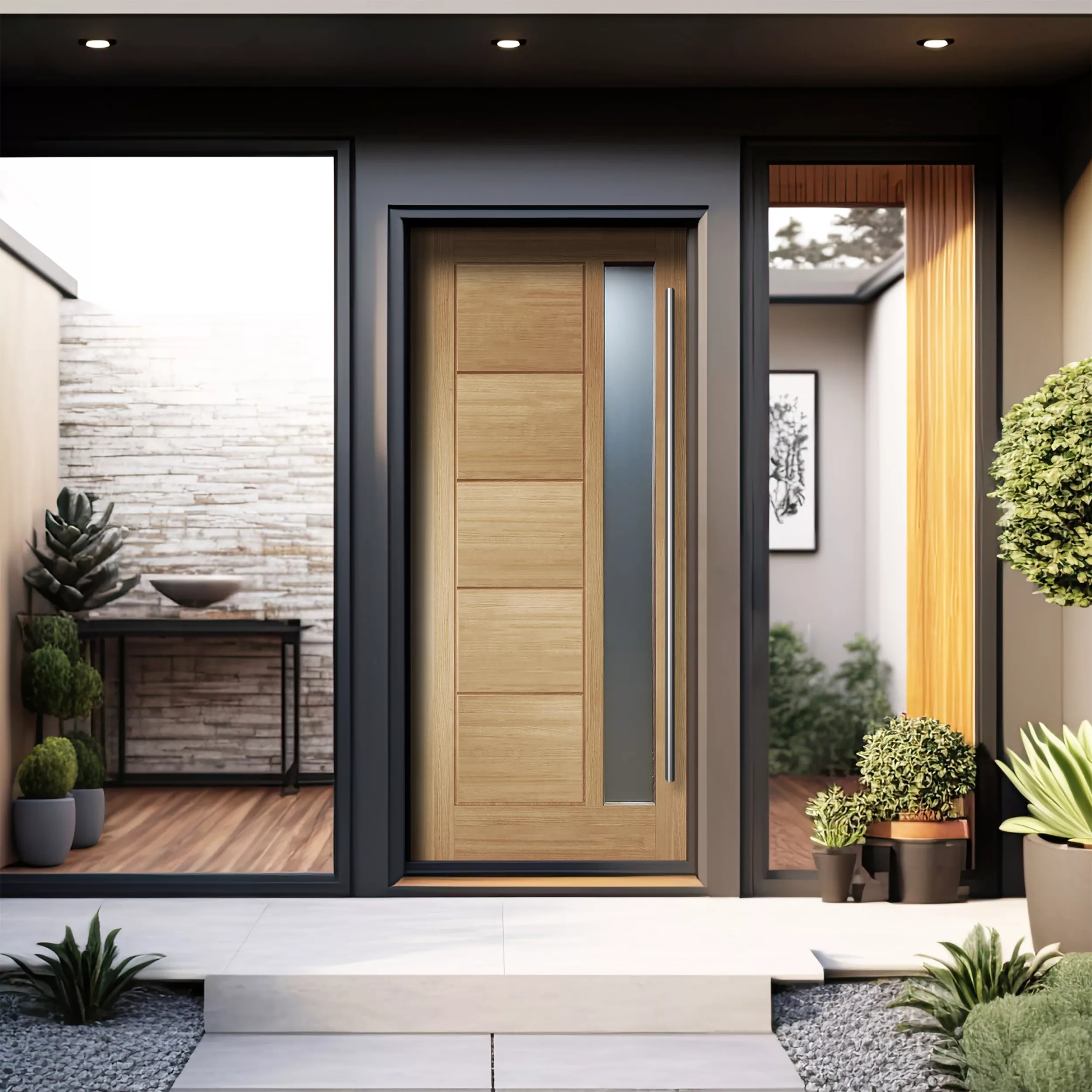 Linear 5 Panel Frosted Glass Obscure Timber White Oak Veneer Swinging External Front Door, (H)1981mm (W)838mm 4 Linear 5 Panel Frosted Glass Obscure Timber White Oak Veneer Swinging External Front Door, (H)1981mm (W)838mm - Image 2