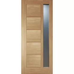 Linear 5 Panel Frosted Glass Obscure Timber White Oak Veneer Swinging External Front Door, (H)1981mm (W)838mm