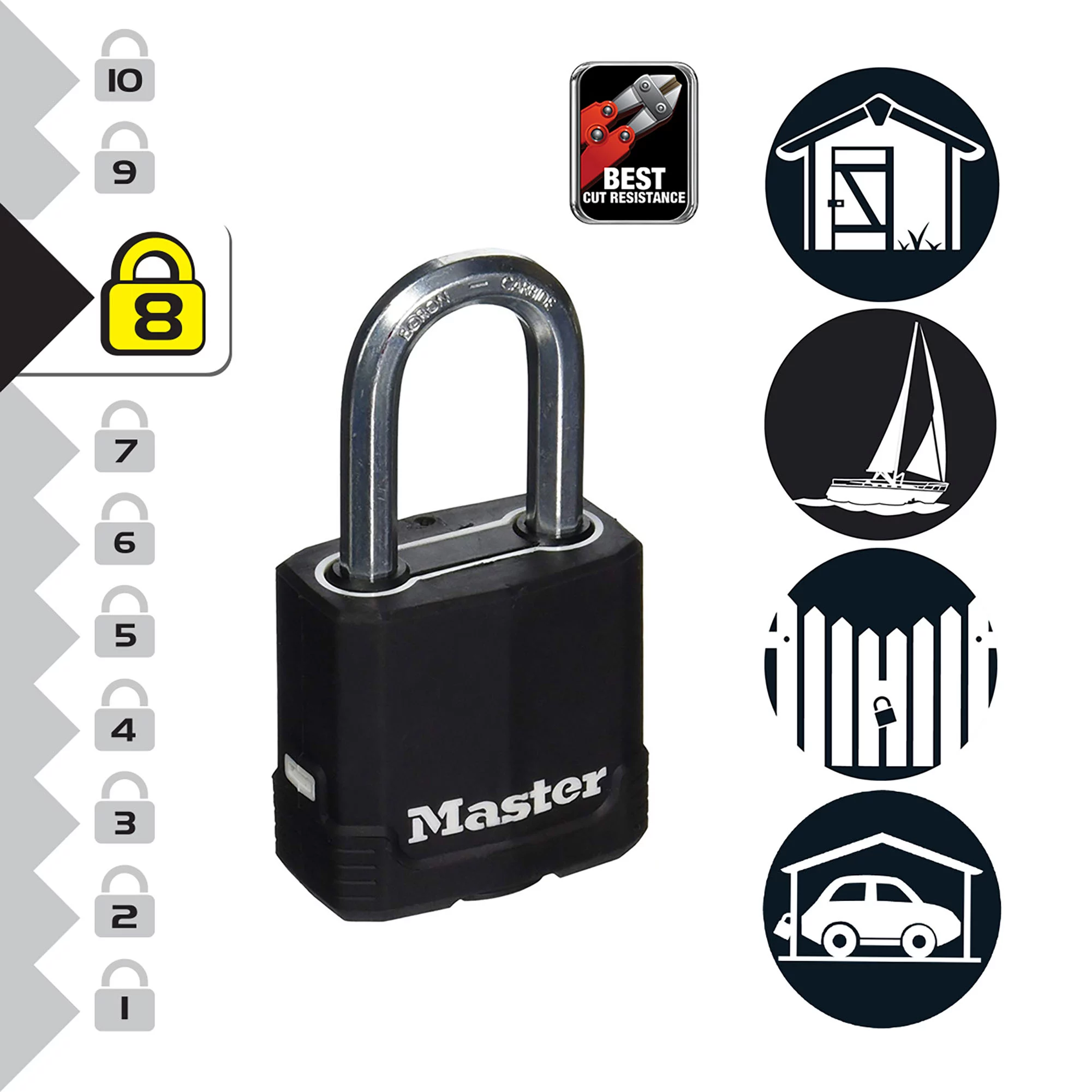 Master Lock Excell Heavy Duty Laminated Black 4 Pin Tumbler Cylinder Open Shackle Padlock (W)49mm 7 Master Lock Excell Heavy Duty Laminated Black 4 Pin Tumbler Cylinder Open Shackle Padlock (W)49mm - Image 5