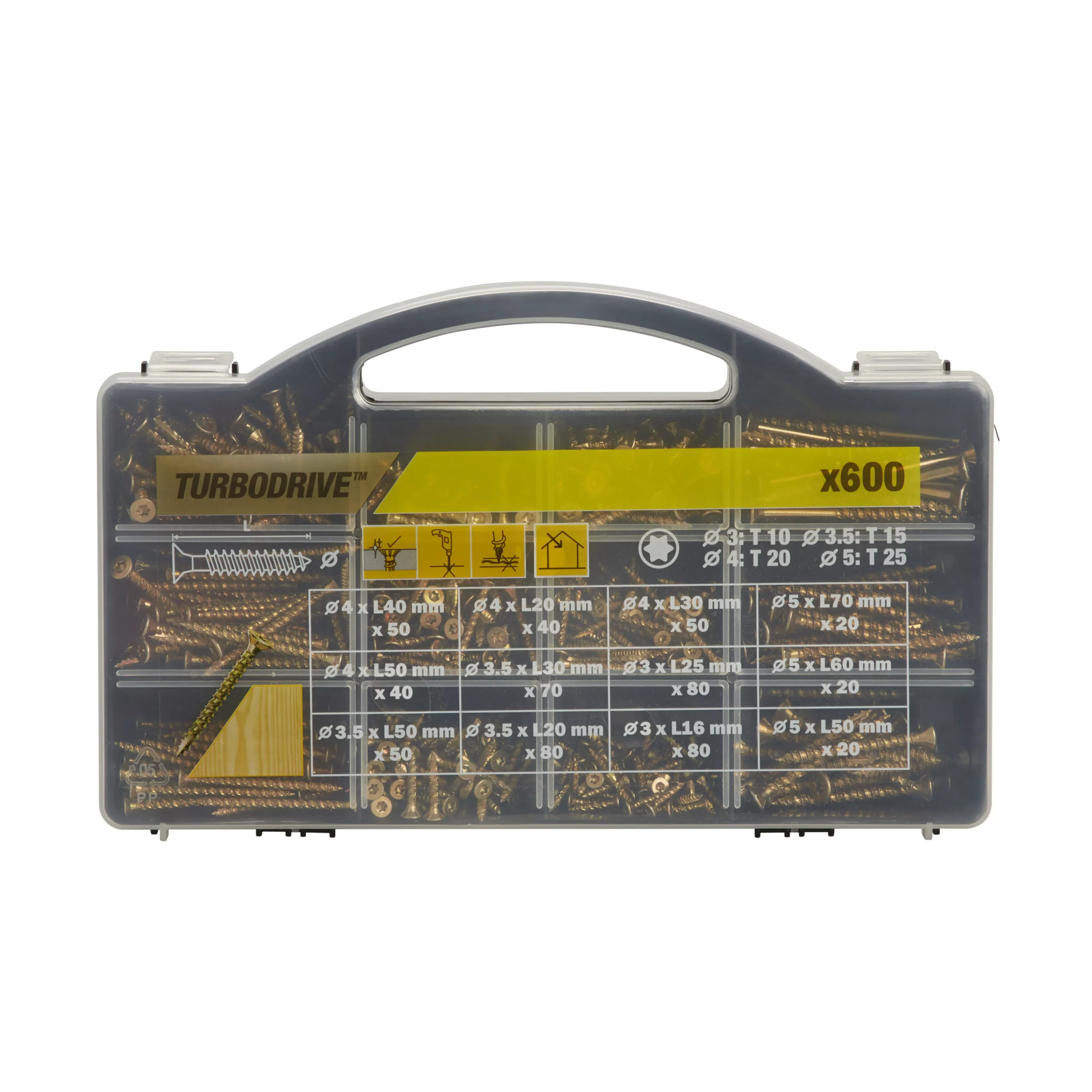 TurboDrive Assorted Wood Screw TX Double-countersunk Yellow-passivated Carbon Steel Screw, Pack Of 600 4 TurboDrive Assorted Wood Screw TX Double-countersunk Yellow-passivated Carbon Steel Screw, Pack Of 600 - Image 2