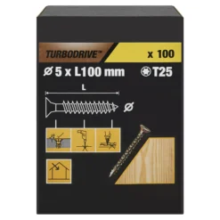 TurboDrive TX Double-countersunk Yellow-passivated Steel Wood Screw (Dia)5mm (L)100mm, Pack Of 100