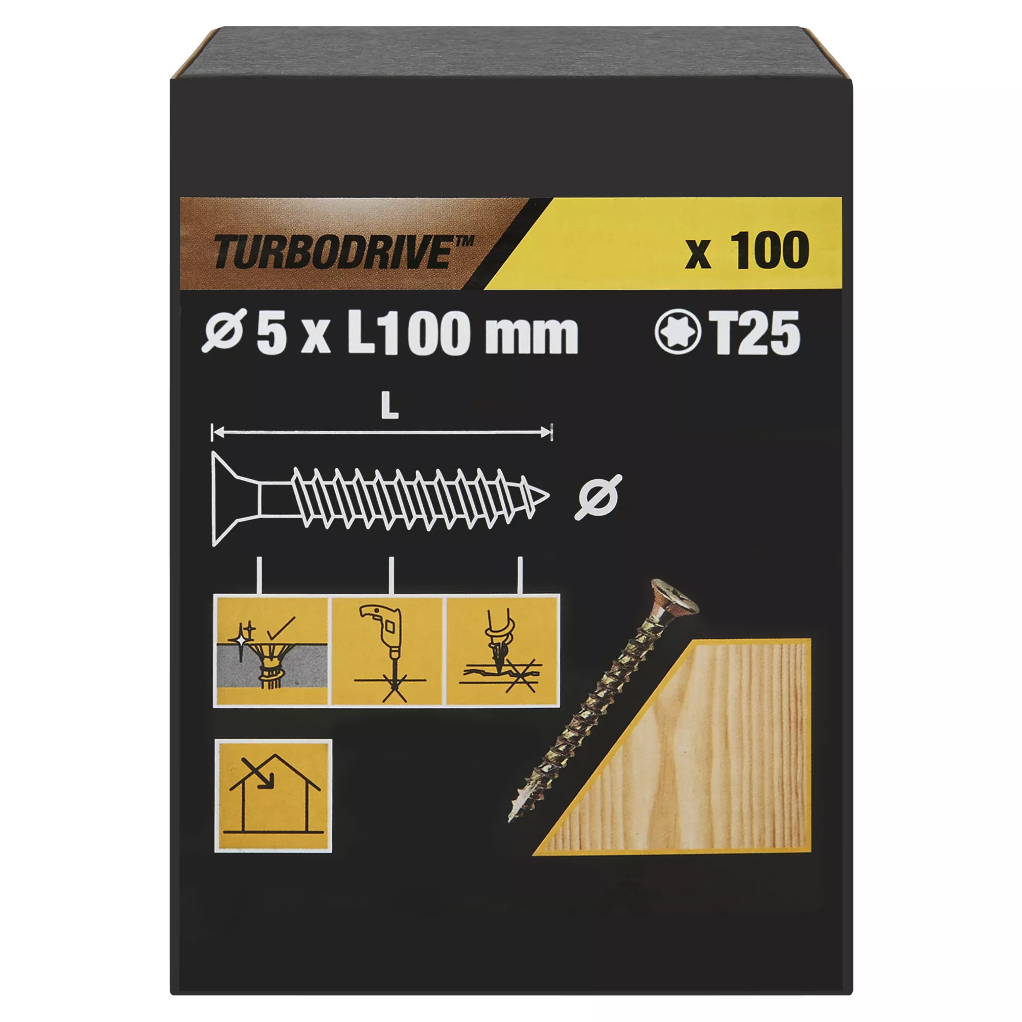 TurboDrive TX Double-countersunk Yellow-passivated Steel Wood Screw (Dia)5mm (L)100mm, Pack Of 100 3 TurboDrive TX Double-countersunk Yellow-passivated Steel Wood Screw (Dia)5mm (L)100mm, Pack Of 100