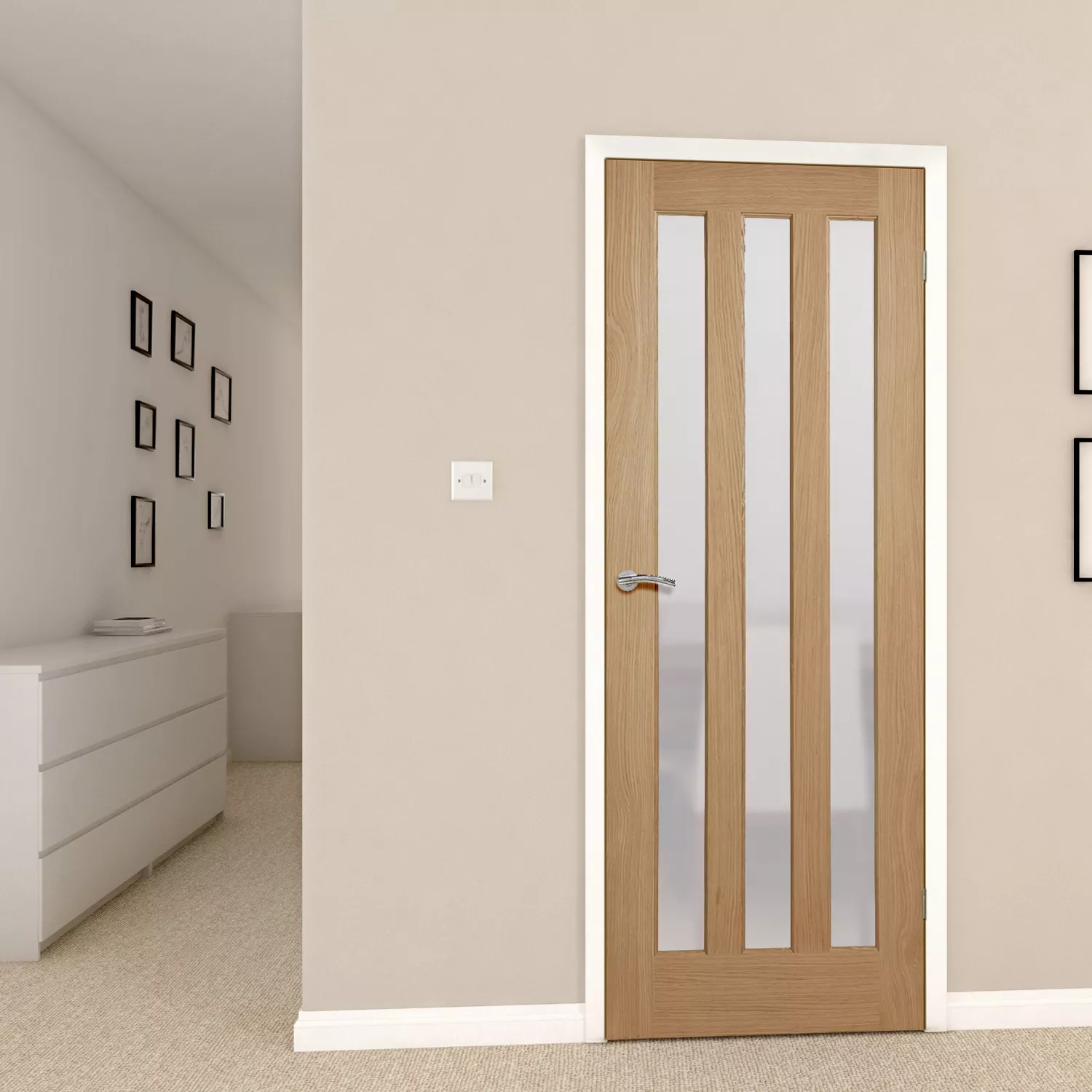 Vertical 3 Panel Frosted Glazed Oak Veneer Internal Door, (H)1981mm (W)686mm (T)35mm 7 Vertical 3 Panel Frosted Glazed Oak Veneer Internal Door, (H)1981mm (W)686mm (T)35mm - Image 5