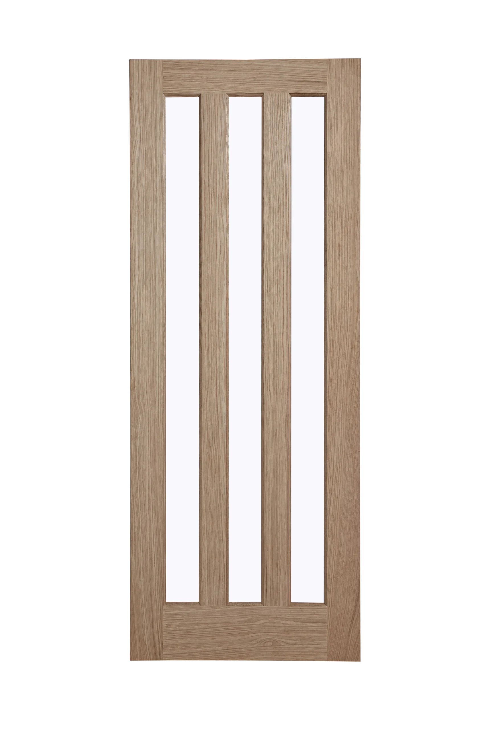 Vertical 3 Panel Glazed Oak Veneer Internal Door, (H)1981mm (W)686mm (T)35mm 3 Vertical 3 Panel Glazed Oak Veneer Internal Door, (H)1981mm (W)686mm (T)35mm