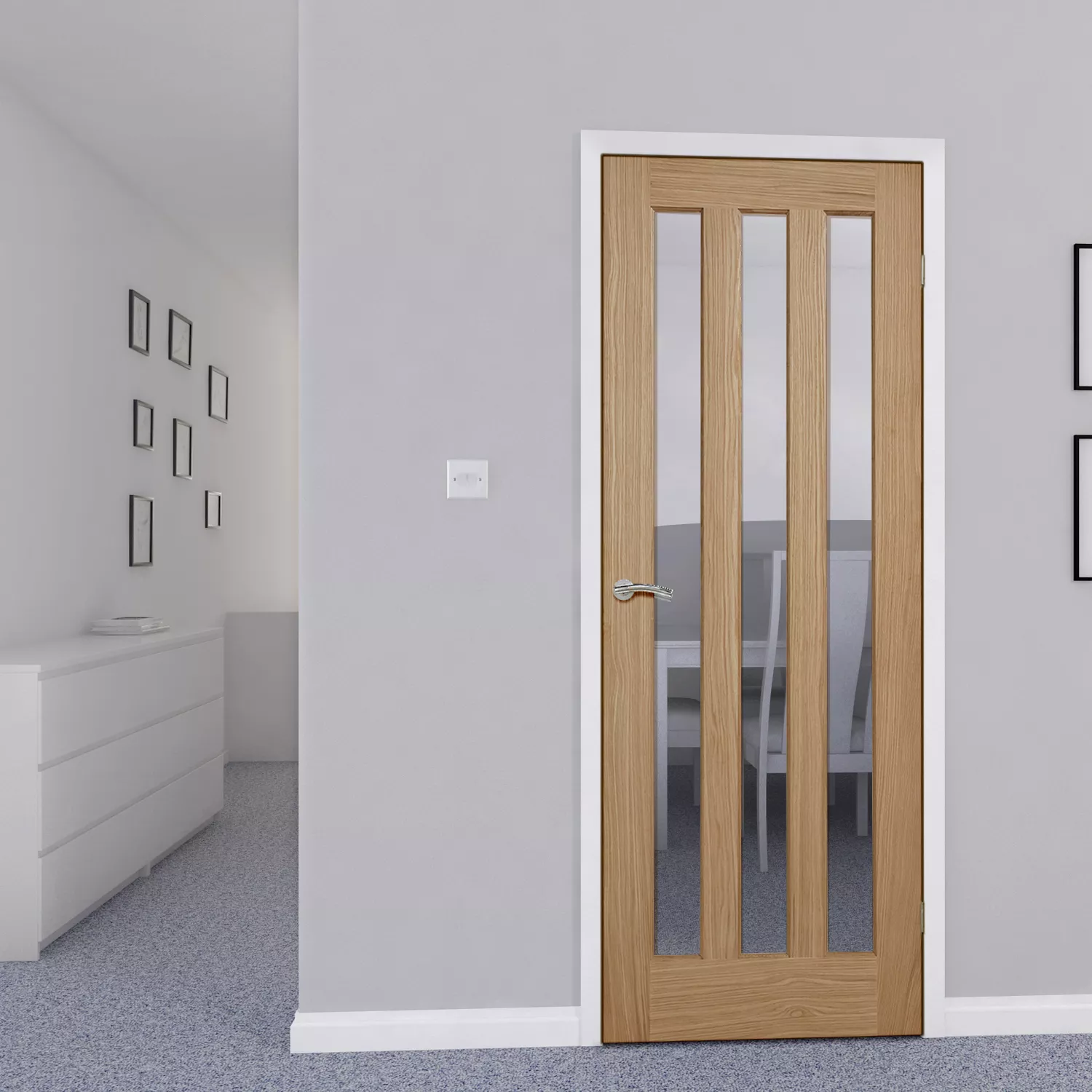 Vertical 3 Panel Glazed Oak Veneer Internal Door, (H)1981mm (W)686mm (T)35mm 6 Vertical 3 Panel Glazed Oak Veneer Internal Door, (H)1981mm (W)686mm (T)35mm - Image 4