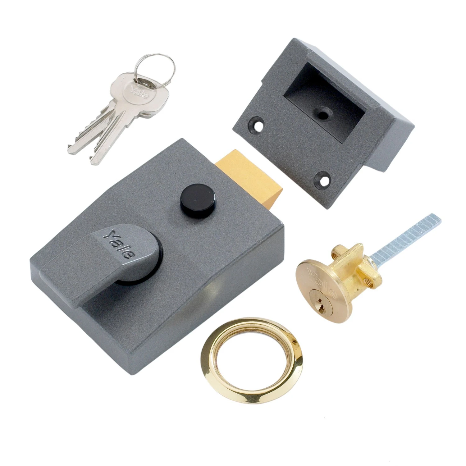 Yale Grey Brass Effect LH & RH Deadlock Night Latch, (H)70mm (W)93mm 3 Yale Grey Brass Effect LH & RH Deadlock Night Latch, (H)70mm (W)93mm